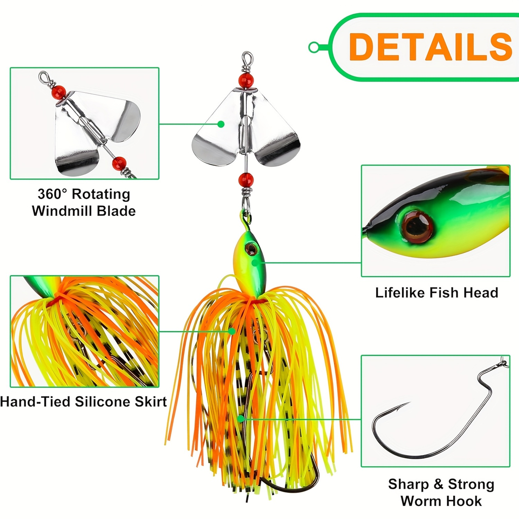 Spinnerbait Buzzbait Fishing Lures 6pcs 3/4oz Multicolor Bass Lure Set with 3D Eyes Rotating Blade Steel Wire Frame for Freshwater Saltwater Bass Trout Salmon Shallow Water Fishing