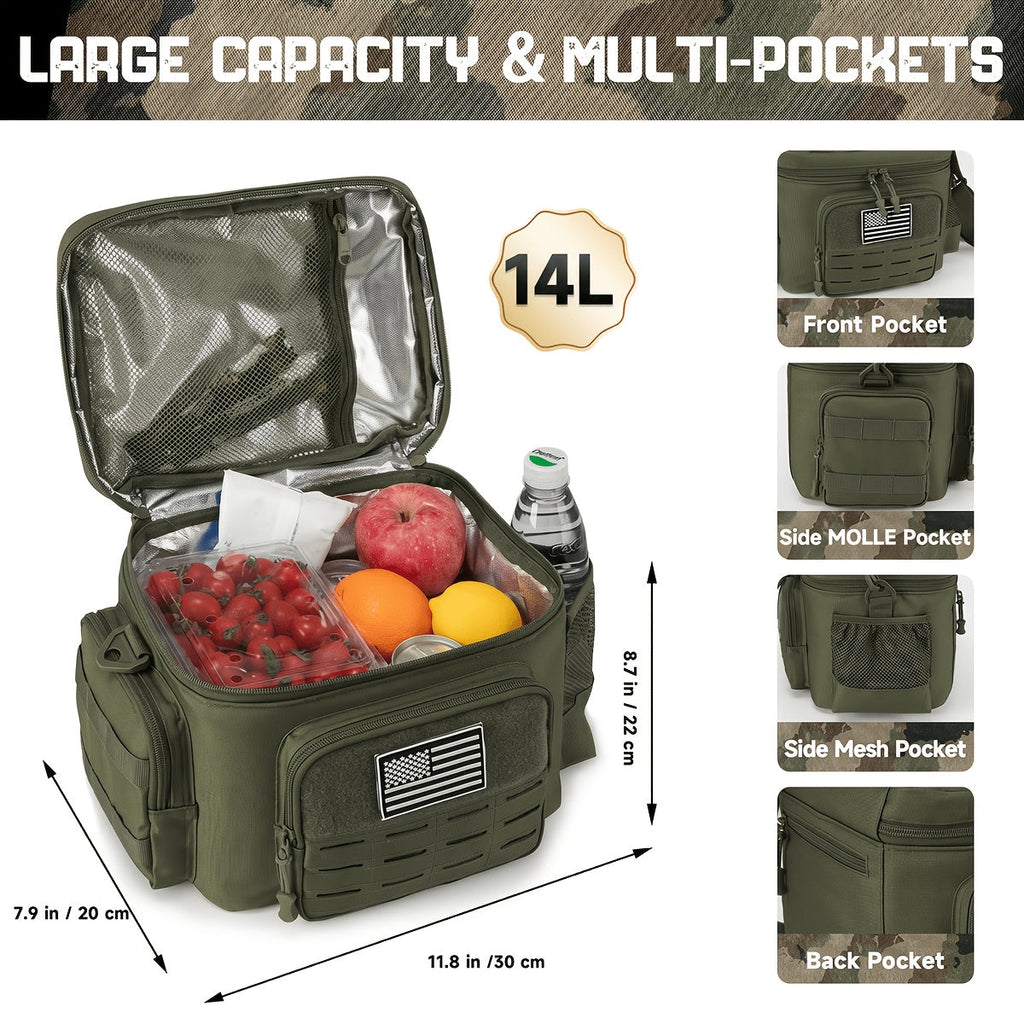 Tactical Insulated Cooler Lunch Box with MOLLE Webbing – Expandable & Leakproof, 3.7 Gal or 18L, for Hunting, Camping, Work & Outdoor Picnics – Black, Green or Khaki