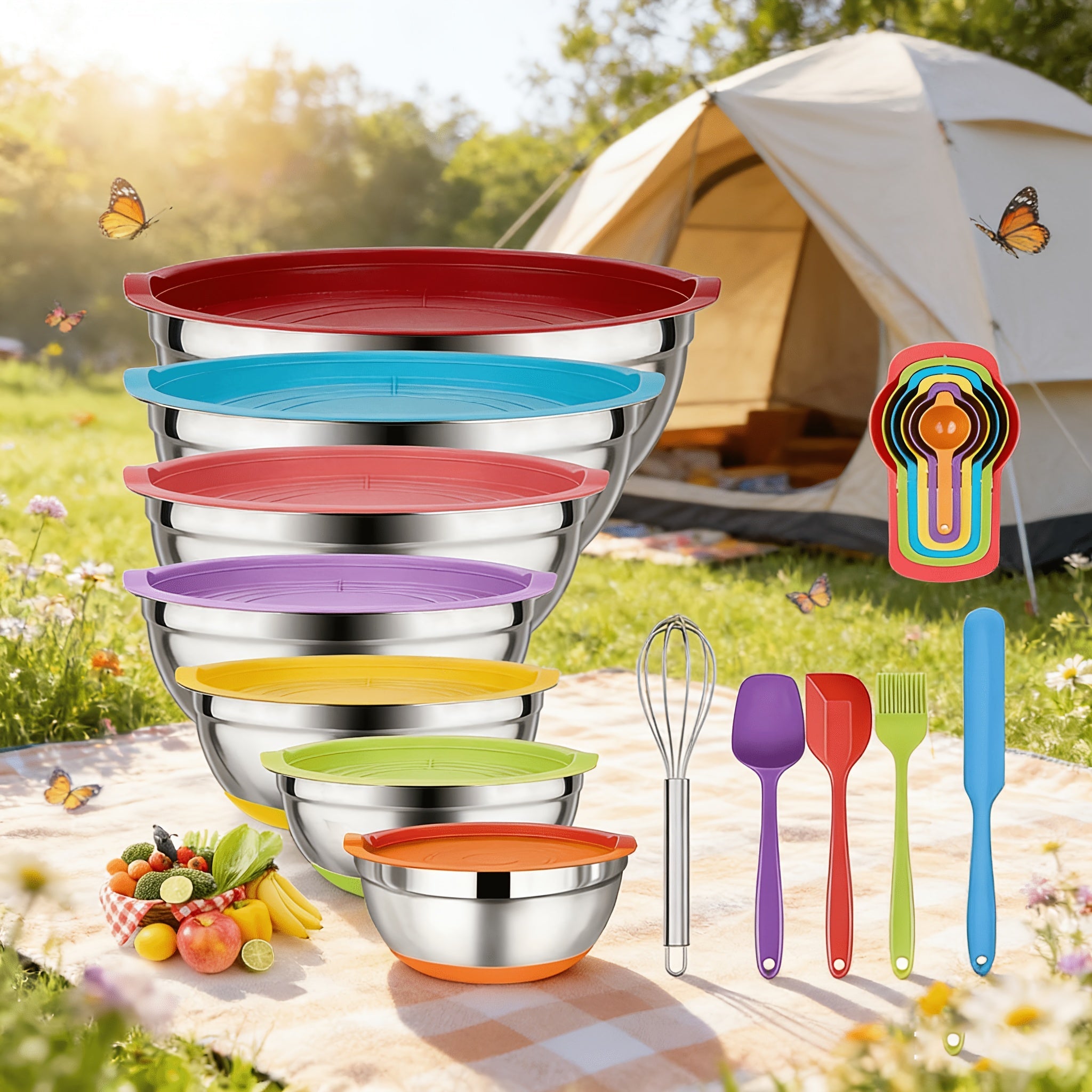 Stainless Steel Mixing Bowls Set with Airtight Lids 7 Piece, Stackable Nesting Bowls with Measuring Spoons Whisk Spatula Tongs Basting Brush, Dishwasher Safe Kitchen Bowls for Cooking Baking Camping Travel
