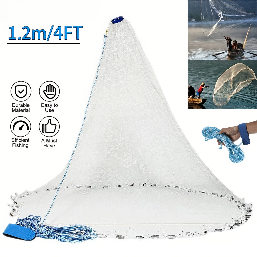 Fishing Cast Net 8FT 10FT with Real Zinc Sinker Weights, Nylon Monofilament Mesh 1.3cm, Heavy Duty Saltwater Bait Trap Net Easy Throw for American Fishing 240/300 Steel Drop