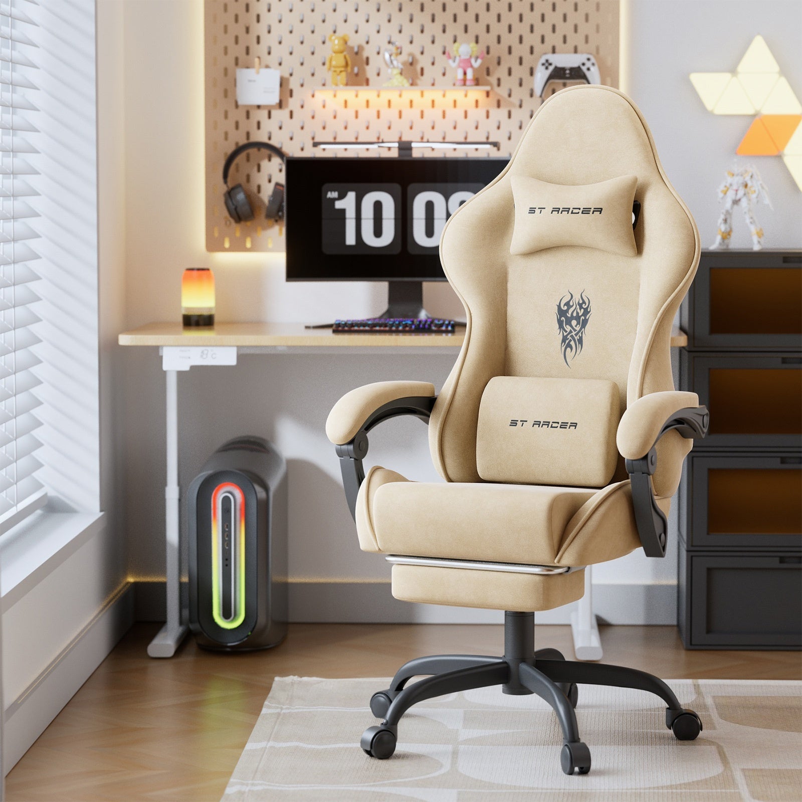 Gaming Chair Ergonomic Esports Chair – Skin-Friendly PU Leather, Thickened Board, Linkage Armrest, Adjustable Footrest & Headrest, Multi-Angle Reclining Office Game Chair, Solid Color, Black or Red