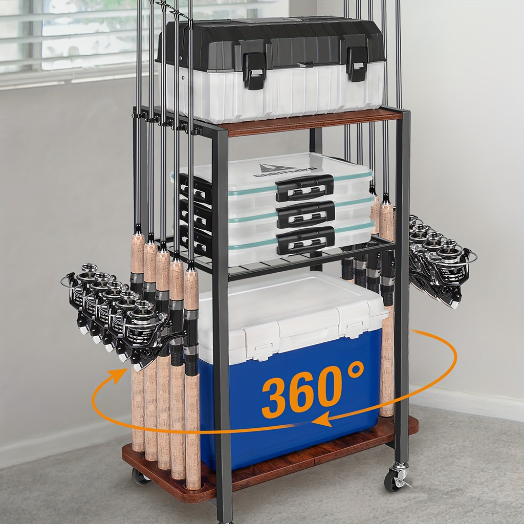 Fishing Rod Holder Rack Rotating Tackle Storage Cart Iron Wood Holds 10 to 12 Rods Garage Fishing Pole Organizer with Wheels Fishing Gear Gift for Men and Women Father Mother