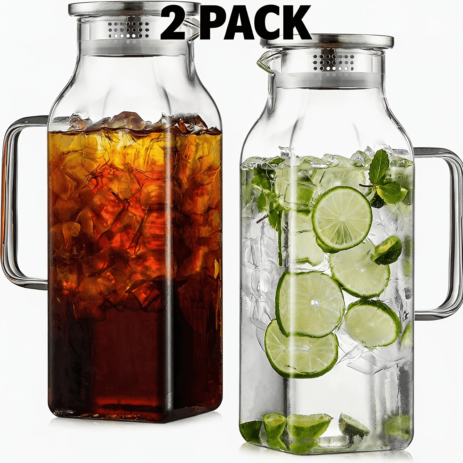 Glass Pitcher with Lid & Handle 68oz – Square Borosilicate Water Jug for Fridge | Heat Resistant Iced Tea Carafe, Cold Brew Coffee Server & Beverage Pitcher for Juice, Milk & Sangria