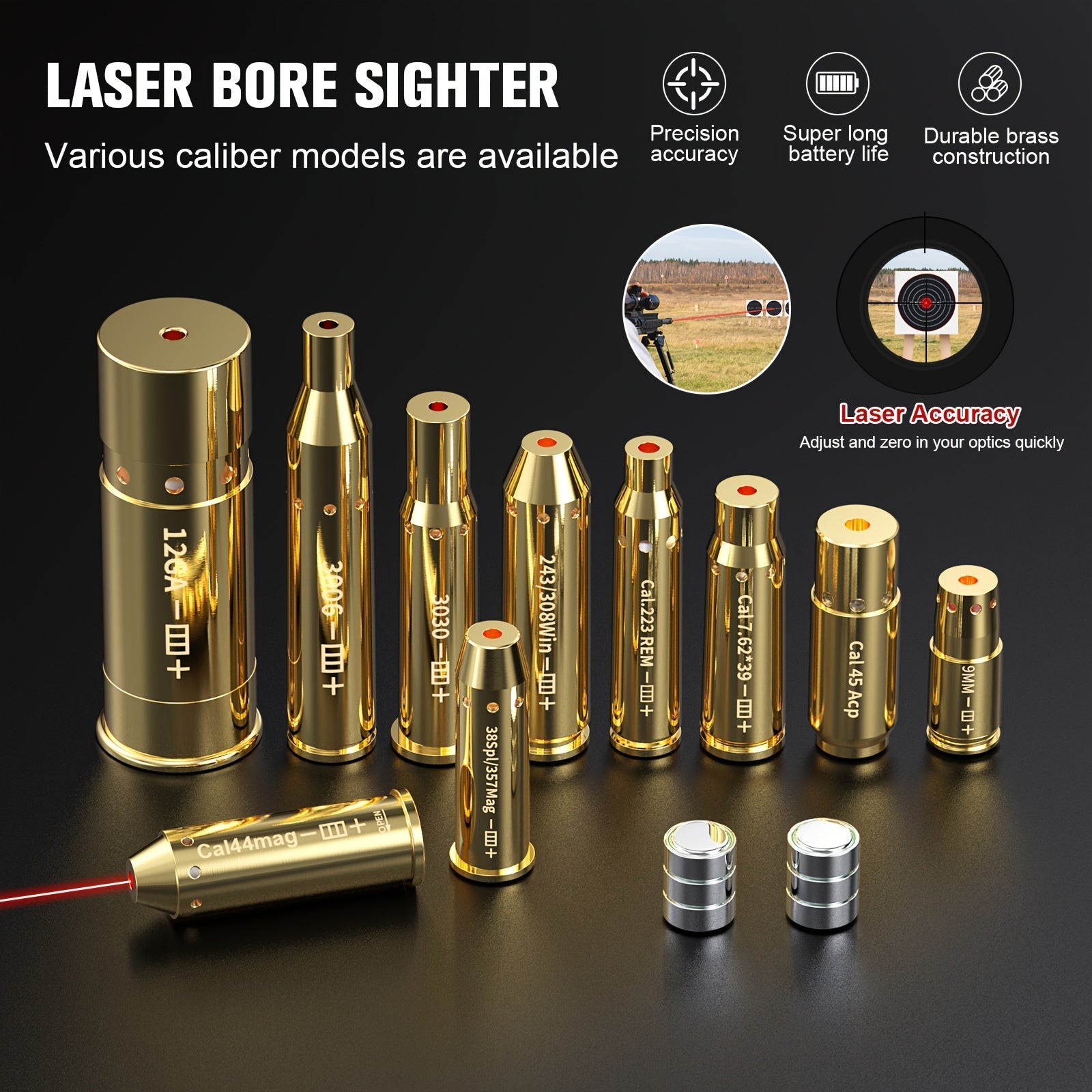 Red Laser Bore Sighter Multi-Caliber Firearms Calibration Tool 9mm 45ACP 308Win 223Rem 12GA 7.62 38SPL 44Mag Battery Included for Shooting Range