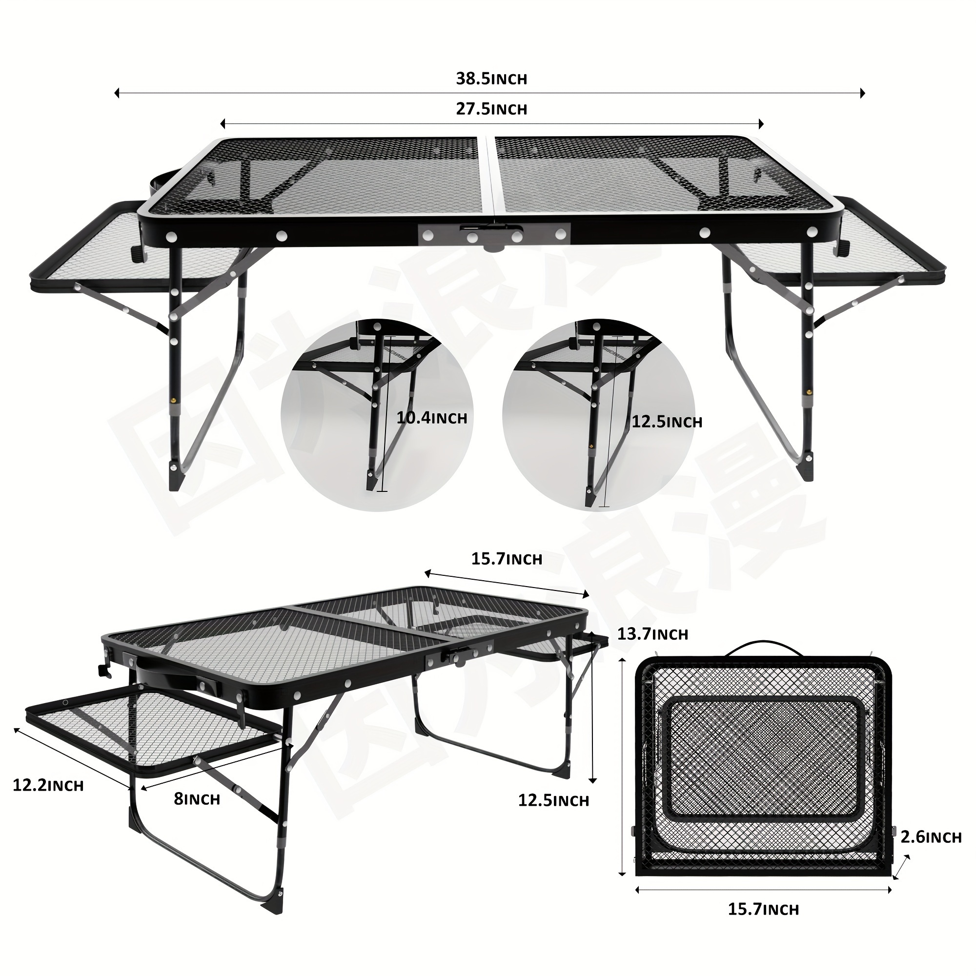 Portable Folding Camping Table with 2 Wingboards & Mesh Top – Height Adjustable Outdoor Grill Side Table for Picnic Barbecue Beach Backpacking, Lightweight Compact Folding Table with Carry Bag
