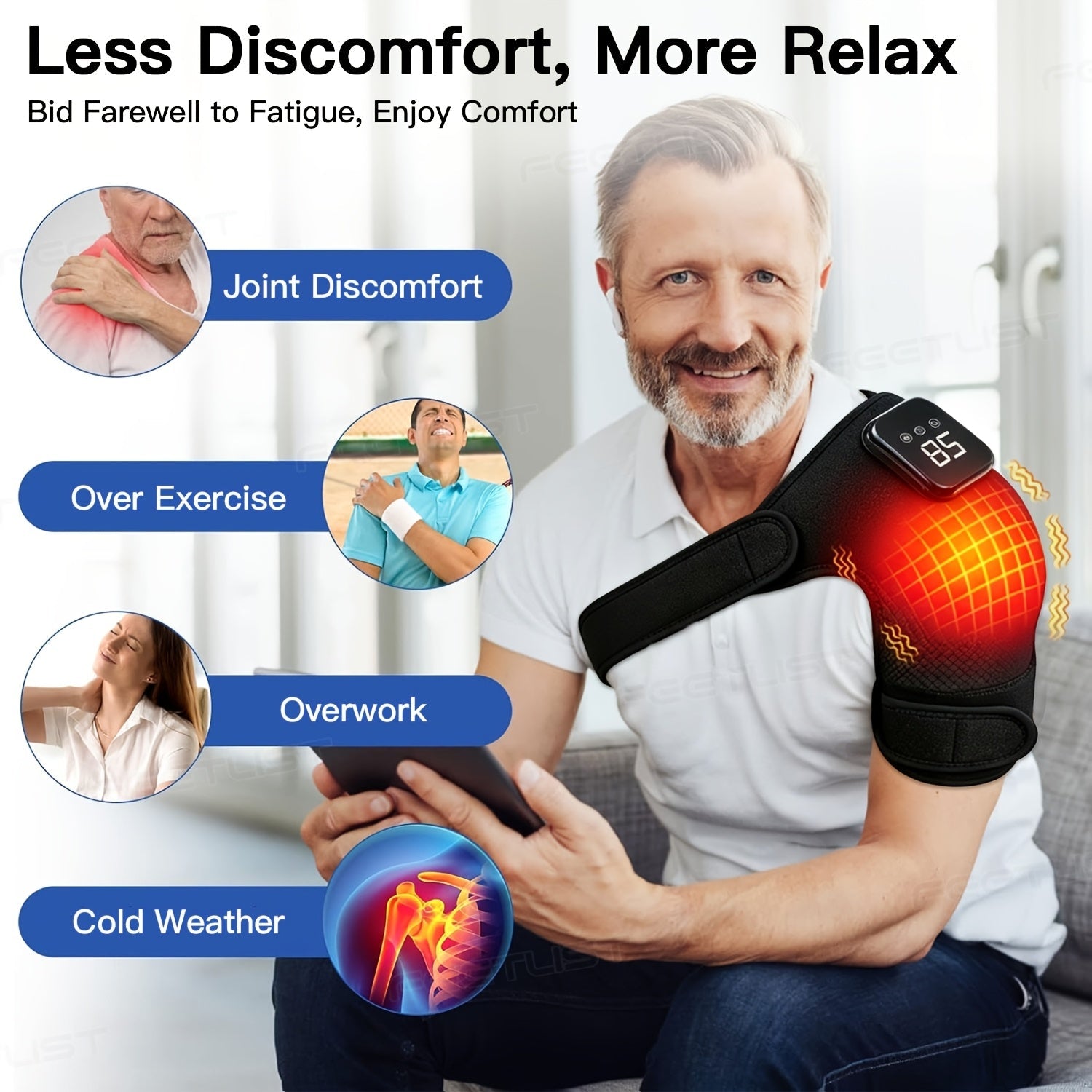 Cordless Heated Shoulder Massager with Vibration – 3 Heat Levels & 3 Vibration Intensities Electric Heating Pad for Shoulder, Elbow & Knee Pain Relief, LED Touch Screen, USB & Battery Powered