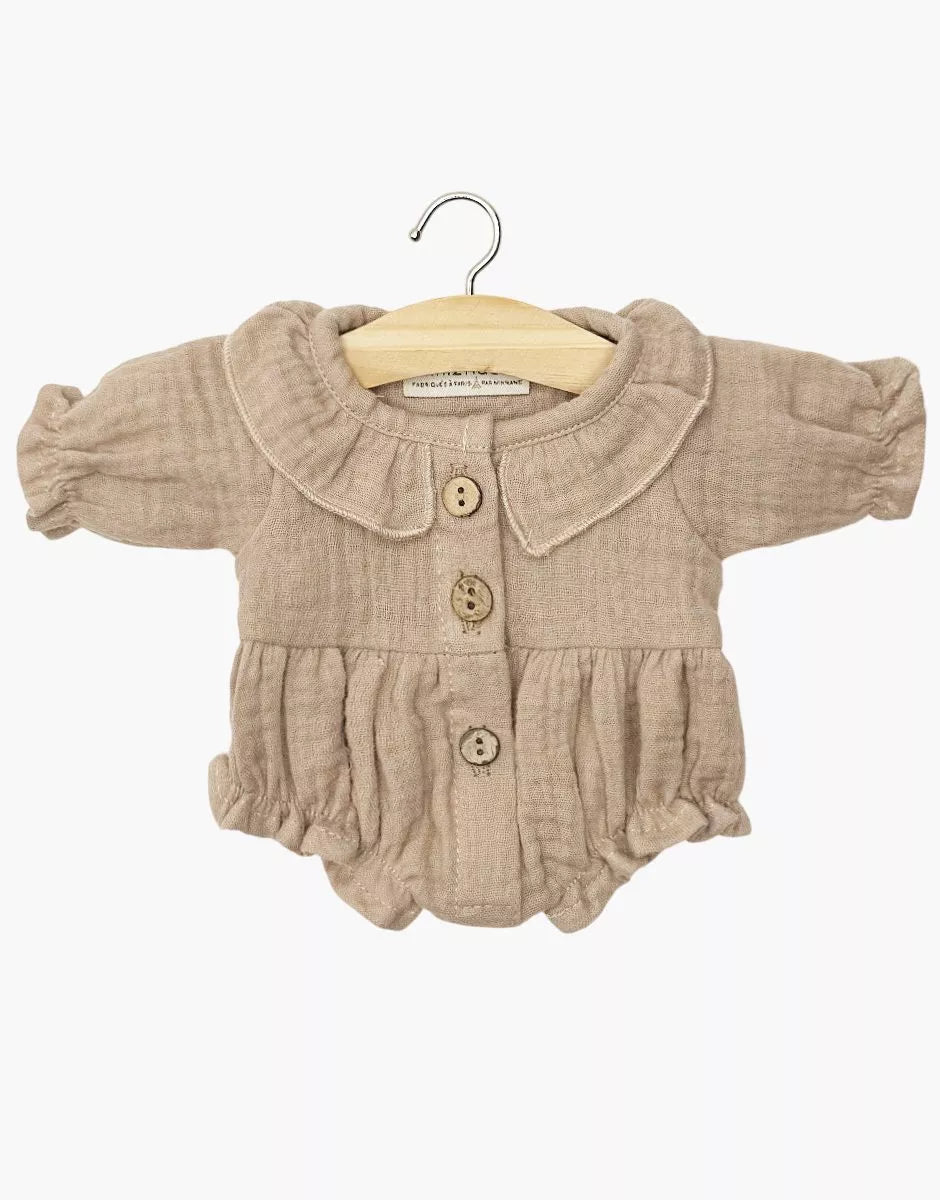 Minikane Doll Clothing | Leonore Ruffled Romper in Cotton Gauze - Mocha