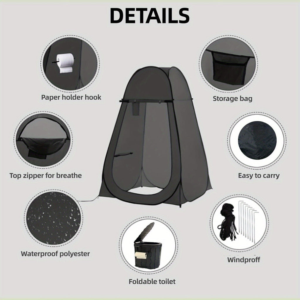 Pop-Up Privacy Tent with Portable Camping Toilet for Adults, Foldable Outdoor Shower Changing Potty Tent Kit with 12 Toilet Bags, Ground Stakes & Windproof Ropes for Camping, Hiking, Travel & Picnics