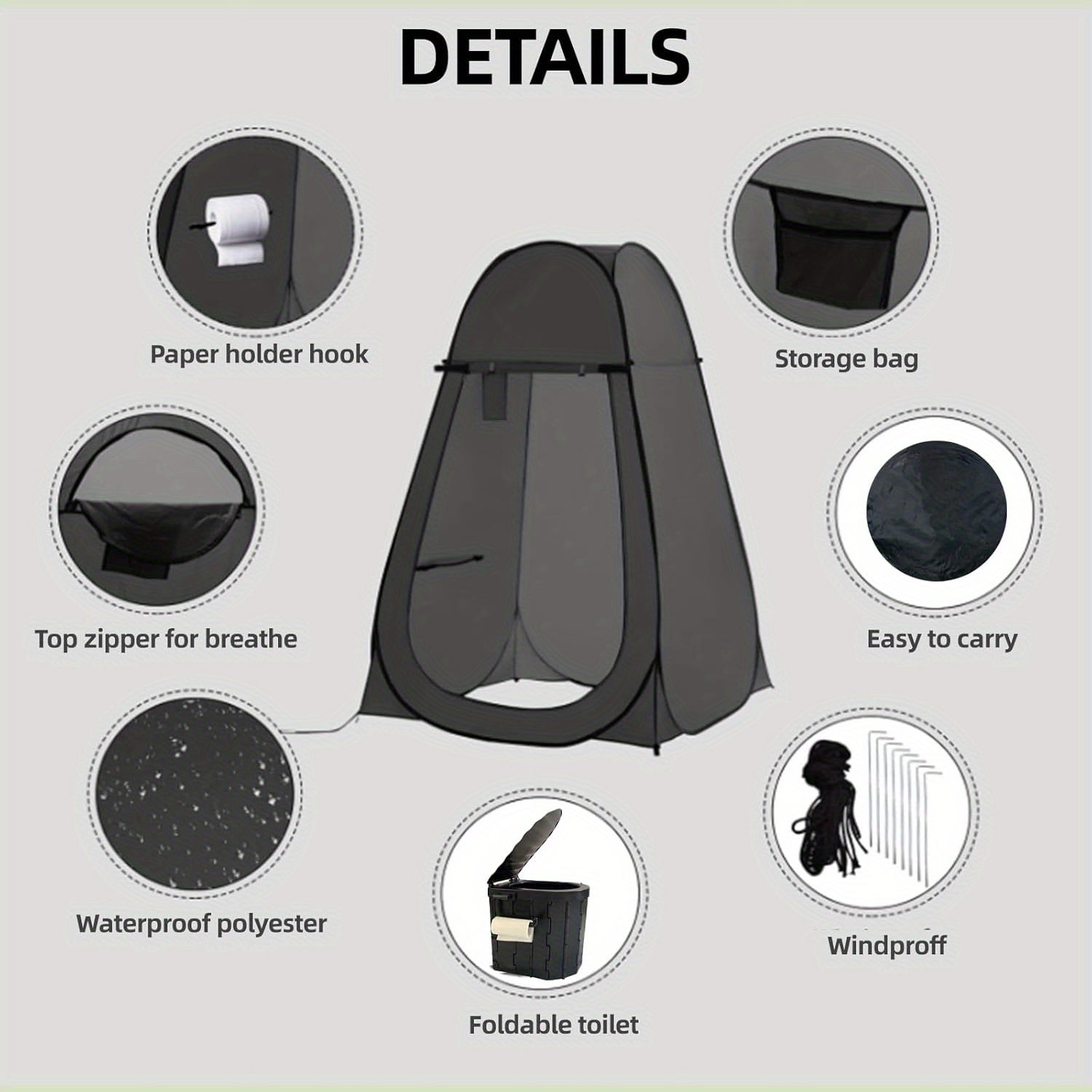 Pop-Up Privacy Tent with Portable Camping Toilet for Adults, Foldable Outdoor Shower Changing Potty Tent Kit with 12 Toilet Bags, Ground Stakes & Windproof Ropes for Camping, Hiking, Travel & Picnics