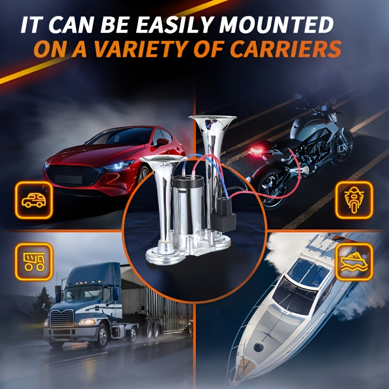 Dual Air Horn Kit 12V/24V 105-137dB with Air Compressor - Super Loud Aluminum Alloy Trumpet Horn for Truck, Train, SUV, Motorcycle, Car & Boat, Universal Electric Horn Easy Install