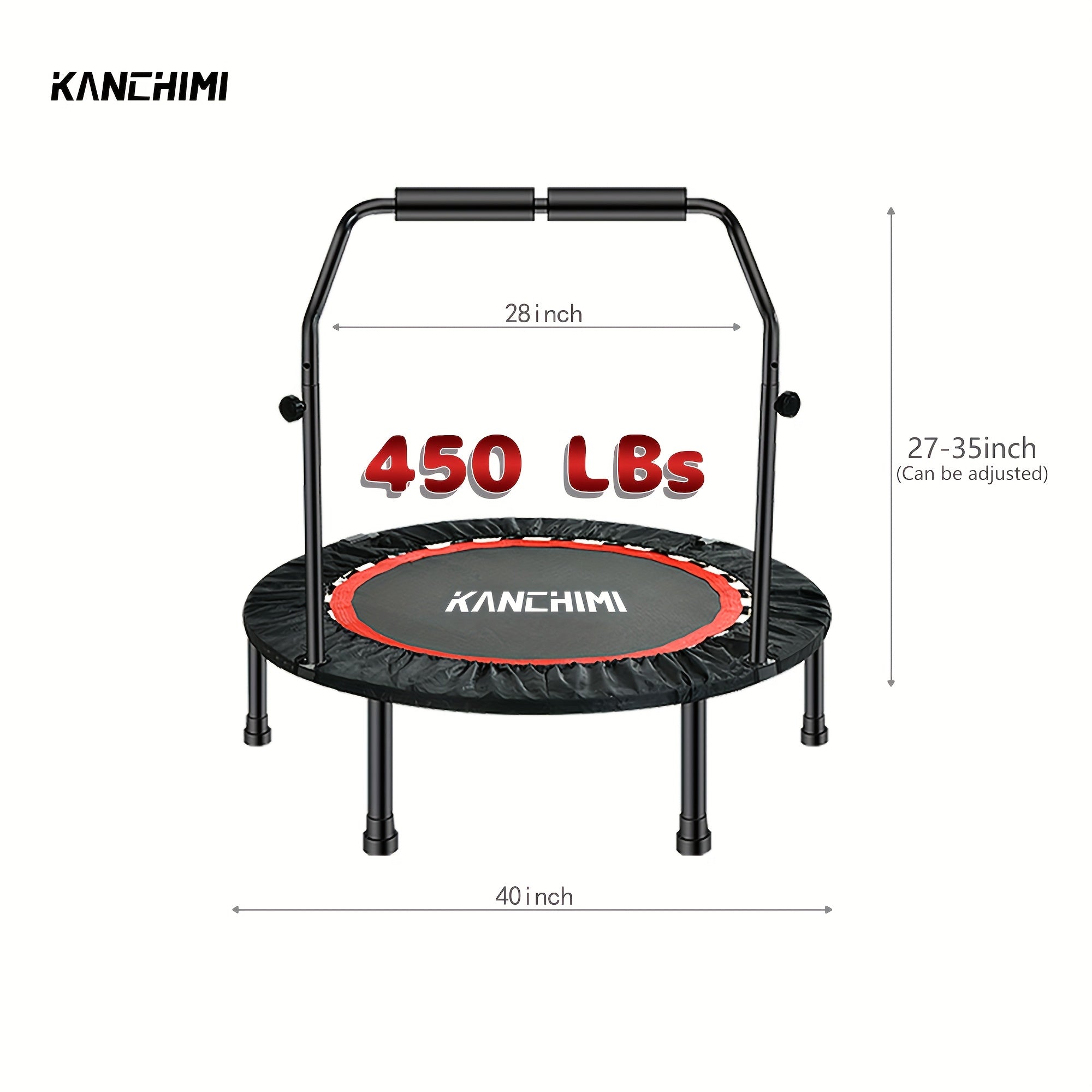 Foldable Mini Trampoline 40 Inch – Fitness Rebounder with Bungee Cords & U-Shape Foam Handle, 450 / 550 LBS Capacity, Quiet Stable Exercise Trampoline for Adults, Indoor & Outdoor Home Gym Workout