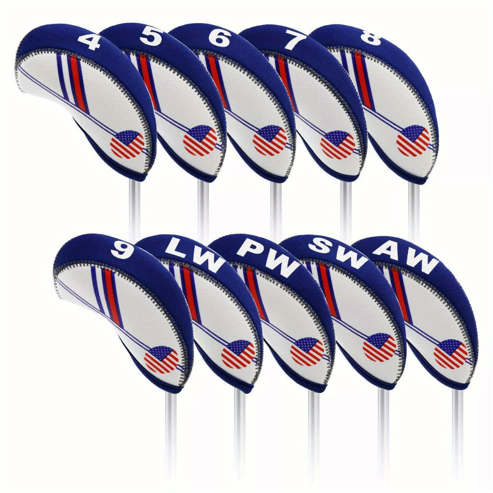 Golf Iron Club Covers USA Flag Neoprene Zipper Head Covers Machine Washable Fits Standard Irons Blue White Patriotic Design for Men Women Golfers