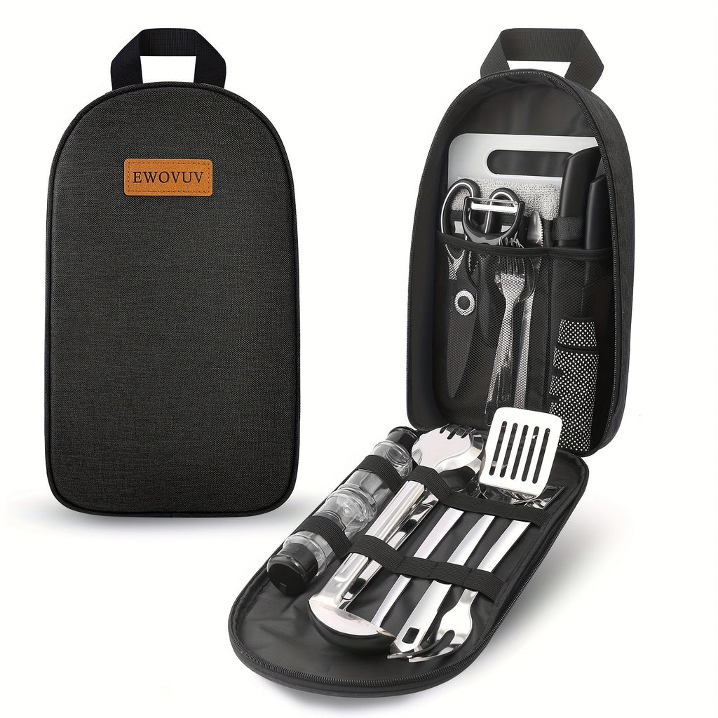 Portable Camp Kitchen Cooking Utensil Set with Water-Resistant Travel Organizer Case – Compact Grill Accessories Kit for Backpacking, BBQ, Camping & Hiking | Black