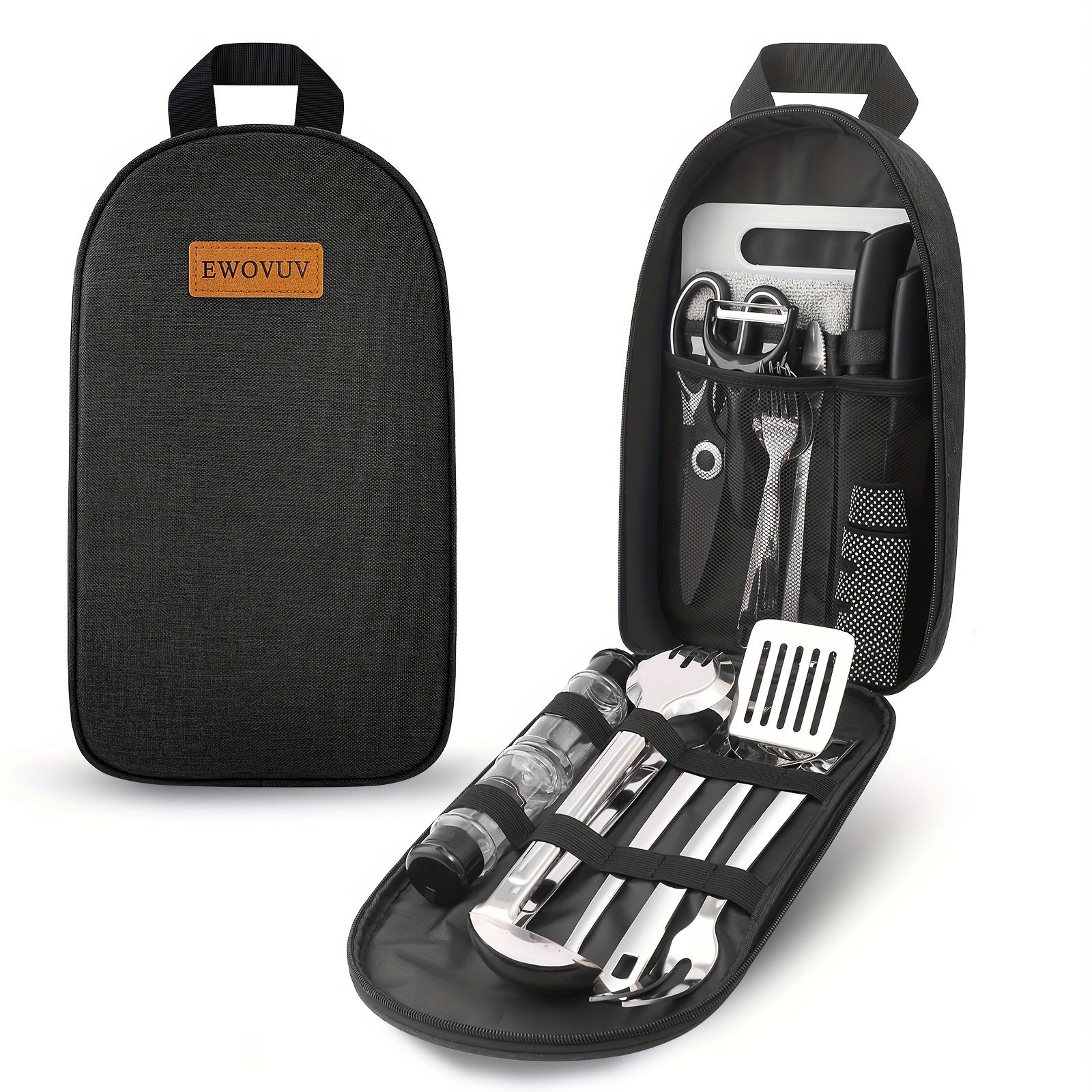 Portable Camp Kitchen Cooking Utensil Set with Water-Resistant Travel Organizer Case – Compact Grill Accessories Kit for Backpacking, BBQ, Camping & Hiking | Black