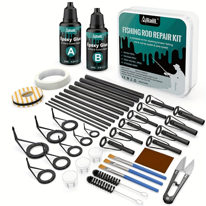 Fishing Rod Repair Kit with Top Rings Guides AB Epoxy Glue Winding Line Textured Paper Complete Rod Break Fix Set Iron Rod Guides Replacement Supplies FRT-02