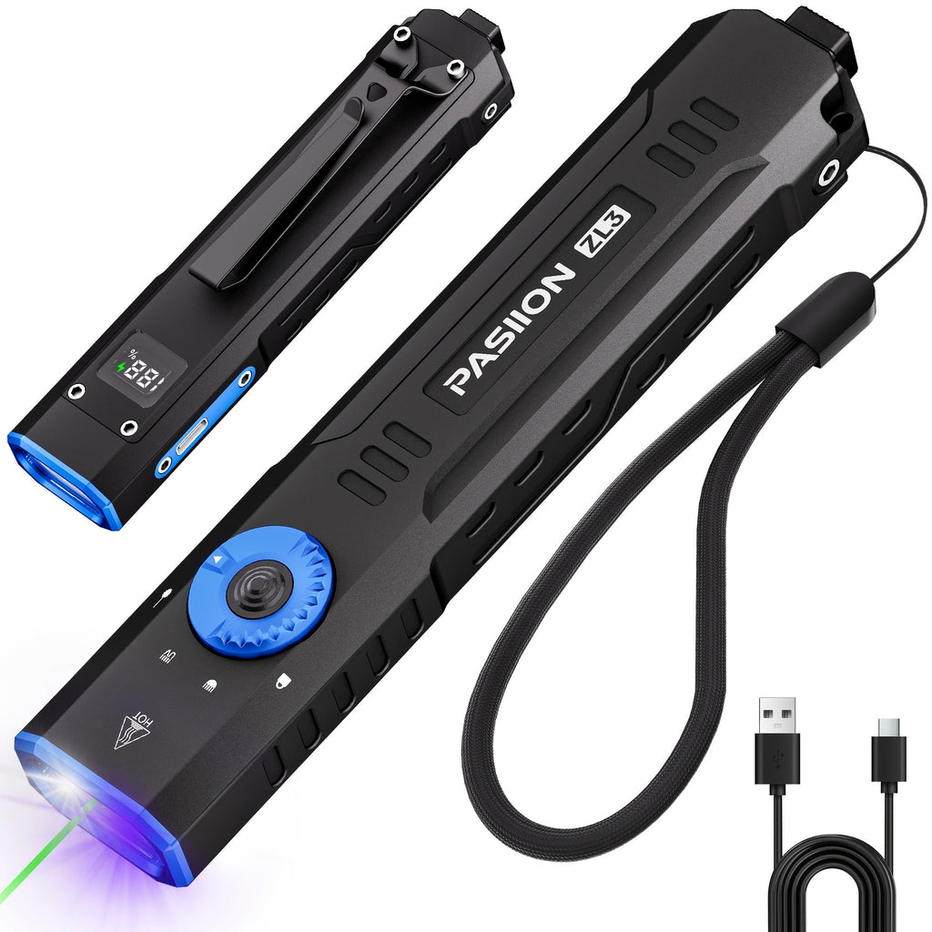 UV Green Beam Flashlight EDC Flat Pro – 1500 Lumens Rechargeable Triple Light Combo (Green Beam + UV + White LED), Portable Pocket Torch for Outdoor, Hunting & Emergency (Black/Orange/Green)