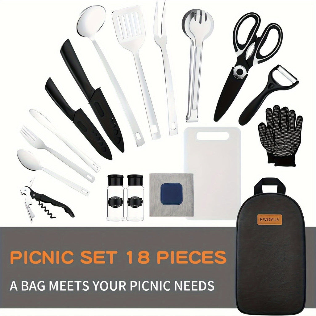 Camping Cookware Set Portable Stainless Steel Camp Kitchen Kit with Waterproof Case – Compact Travel Cookware for Hiking, Backpacking, BBQ & Outdoor Cooking with Grill Accessories