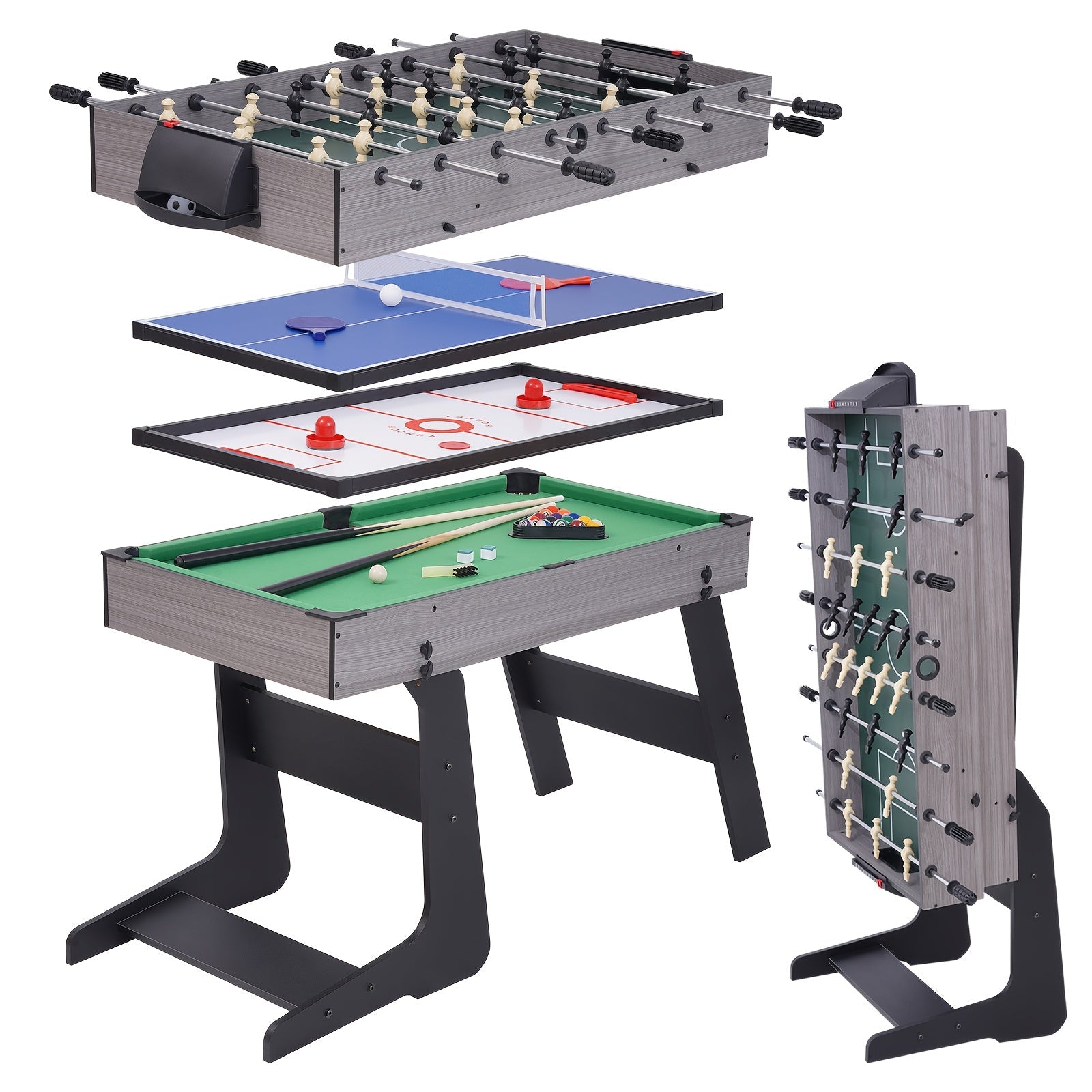 4-in-1 Multi-Game Table 54 Inch Foldable – Table Tennis, Air Hockey, Billiards & Foosball – Combo Game Table for Adults, Families & Game Rooms, Gray or Wood Grain