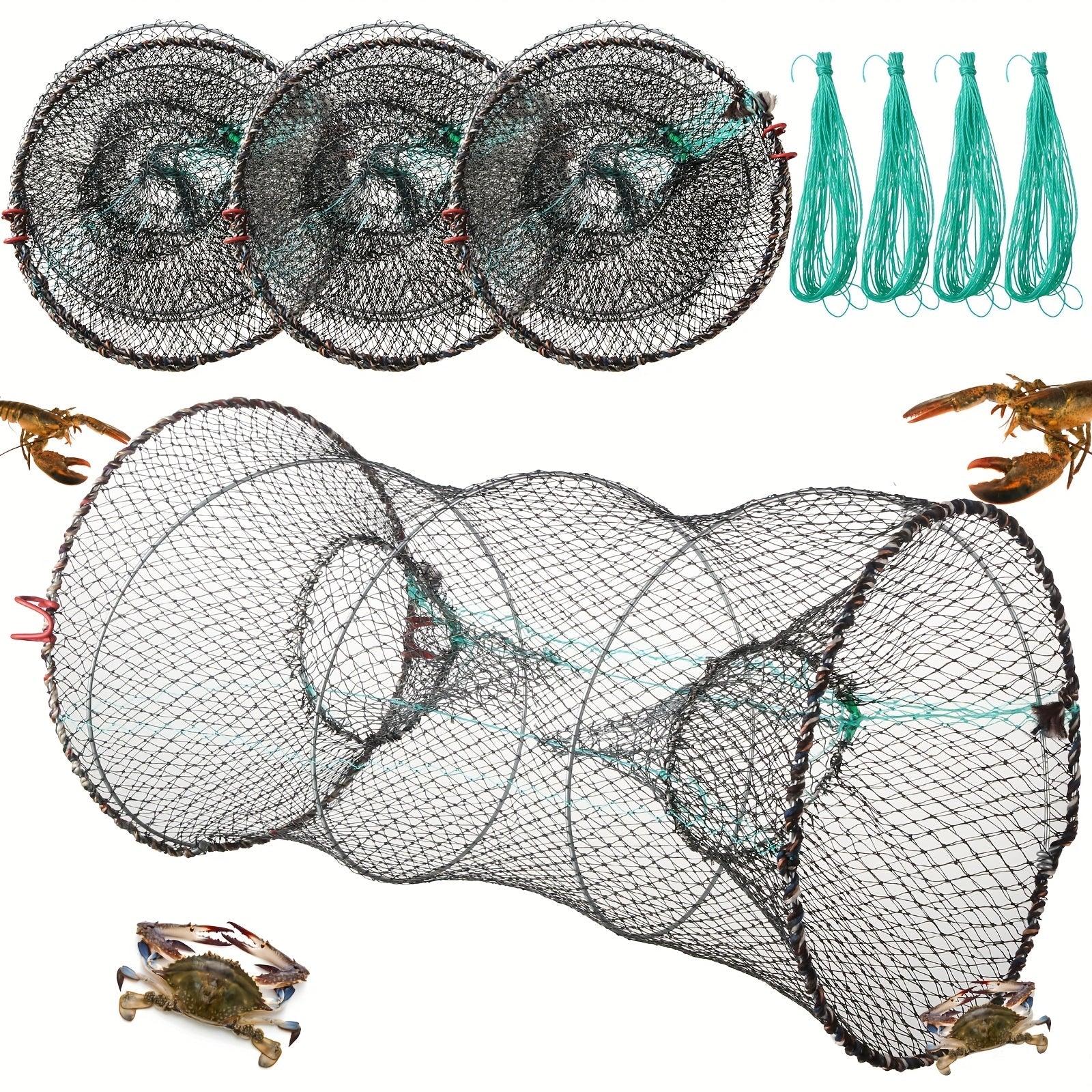 Collapsible Fishing Trap Net 4 Pack - Crab Crawfish Minnow Lobster Shrimp Bait Cage with 49ft Rope, 12x24 Inch Foldable Fish Trap, Durable PA Nylon, Portable Freshwater Saltwater Fishing Gear