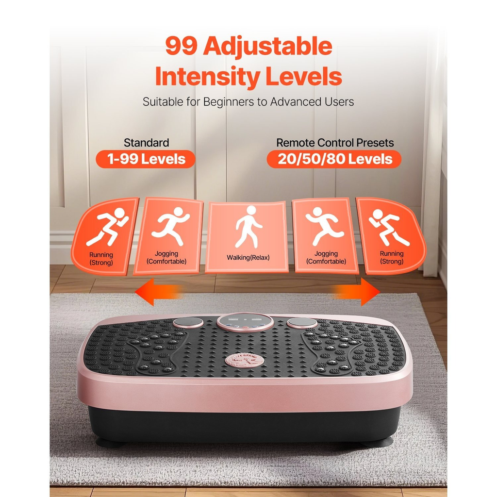 Vibration Plate Exercise Machine 3D – 99 Intensity Levels, 22 Magnetic Acupoints, Foot Massage Mat, 265 lbs Capacity, Remote Control & 2 Resistance Bands for Full Body Fitness
