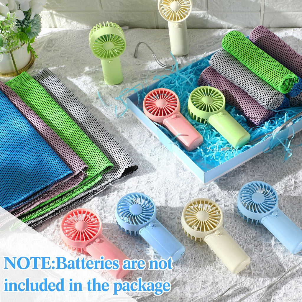 Portable Cooling Towel & Handheld Fan Set 24-Pack – Mini Ice Towels with Fans for Sports, Gym, Yoga, Travel & Camping, Multicolor Reusable Chilling Cloth & Fan Combo, Summer Heat Relief Kit