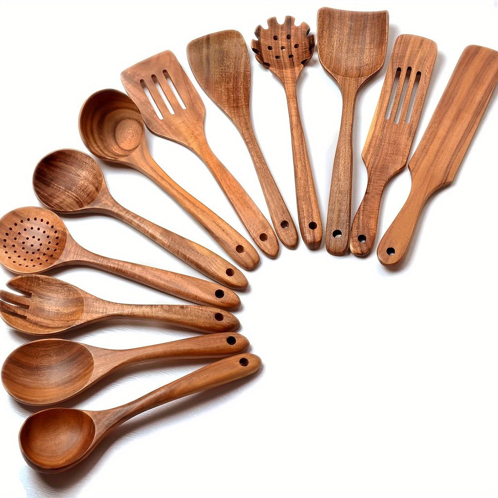 Teak Wood Kitchen Utensil Set 3 Piece Solid Wood Cooking Spoon Rice Spoon High Temperature Resistant Non-Stick Pan Safe Wooden Cooking Utensils Polished Finish Household Kitchen Tools