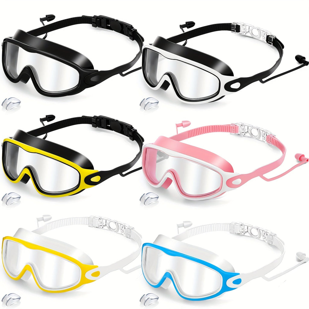 Anti-Fog Pool Goggles Set of 6 – Wide View No-Leak Swim Goggles with Earplugs & Nose Clip for Adults & Kids, 6-Pack Swim Mask