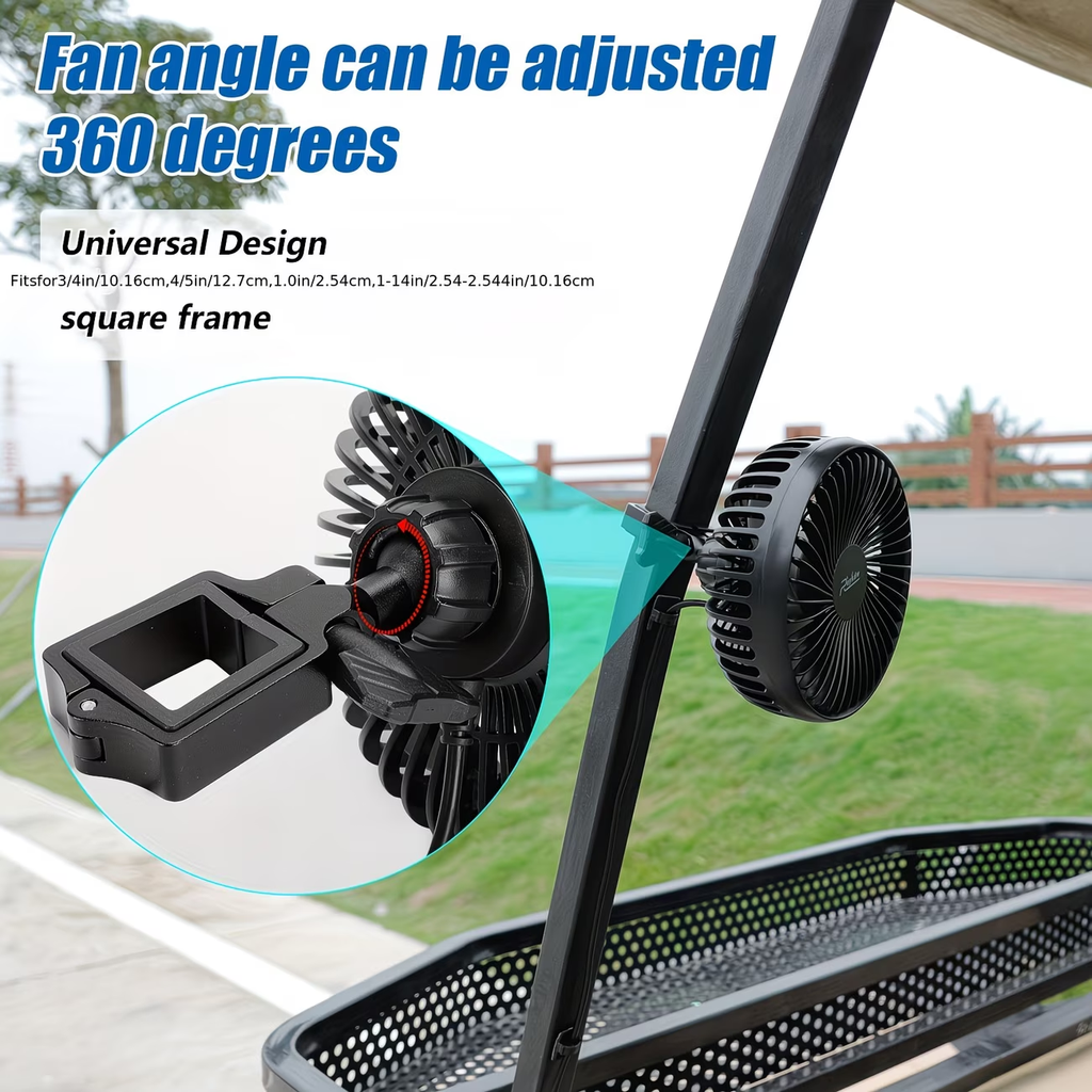 Portable Battery Golf Cart Fan with LED Lantern – 10400mAh Rechargeable, 48H Runtime, 360° Adjustable Head, 3-Speed Remote Control, USB & Type-C, Fits All Square Tube Frames, for Golf, Camping & Fishing