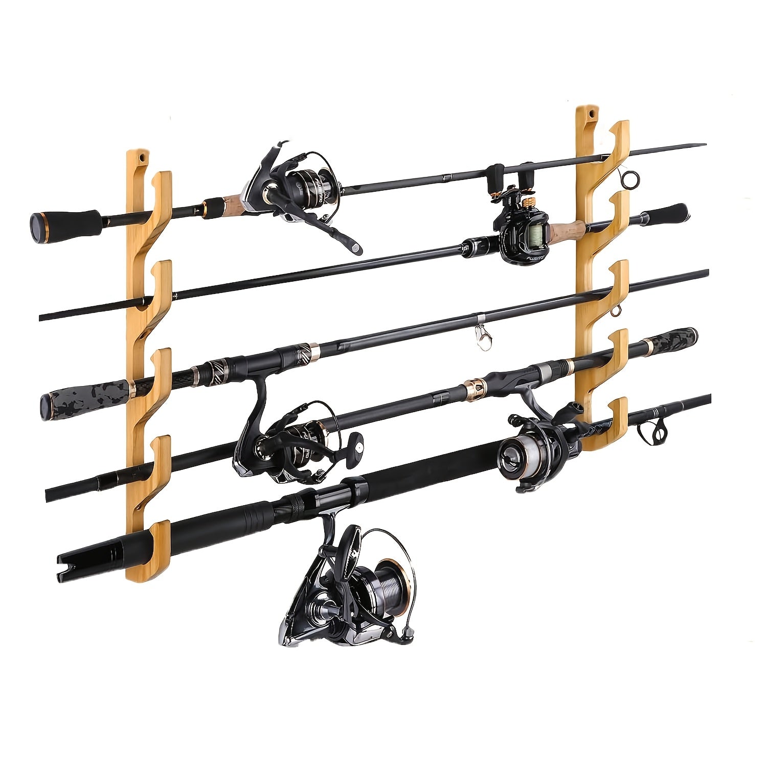 Wall-Mounted Wooden Fishing Rod Rack – 5-Hole Horizontal Rod Holder for Garage, Ceiling & Wall | Solid Wood Fishing Pole Storage Bracket for 5, 10 or 20 Rods | Father's Day Gift for Fishermen & Anglers