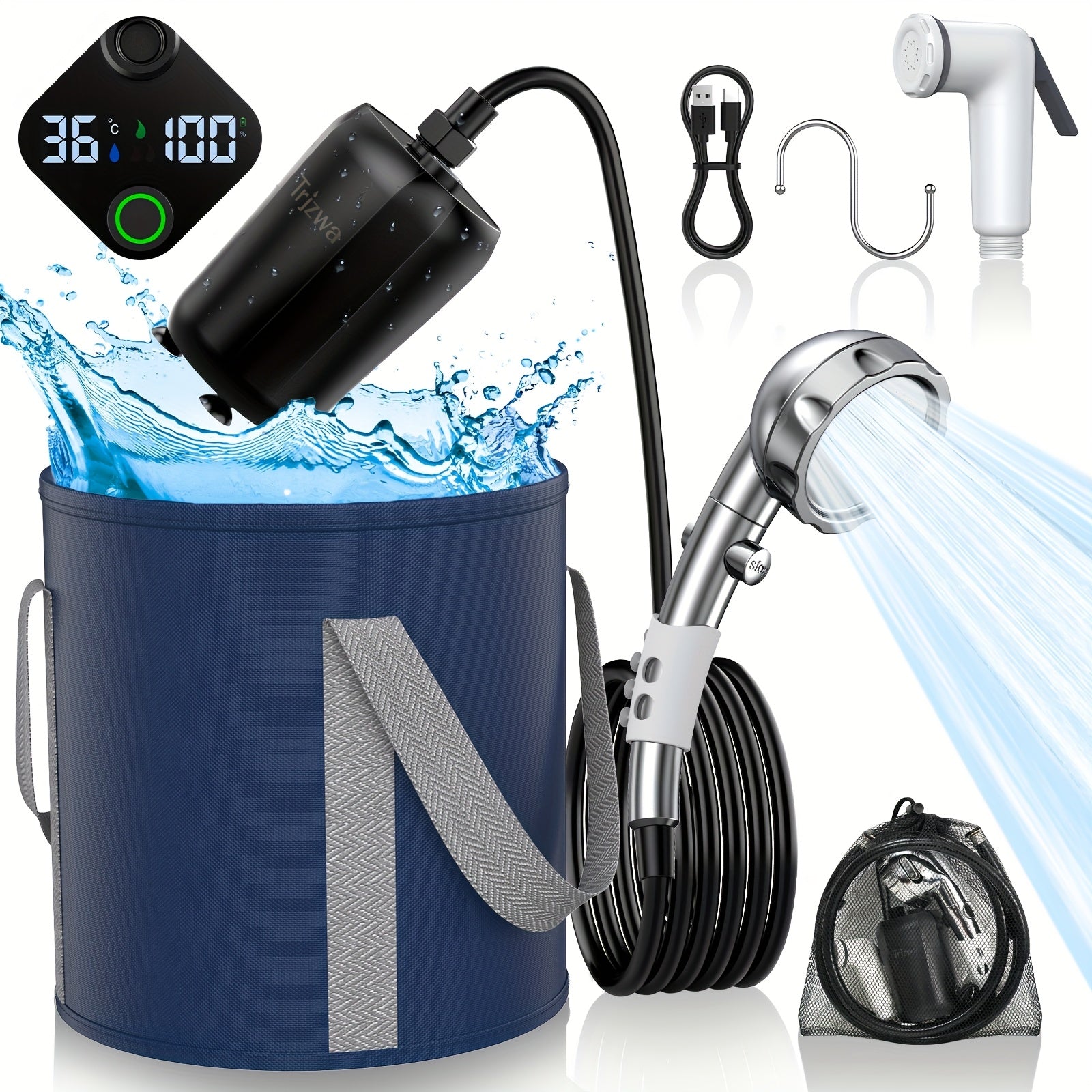Portable Camping Shower with 9000mAh Battery – Smart Digital Display, Foldable Bucket Included, Compact Lightweight Outdoor Shower Pump for Camping, Hiking, Pet Cleaning, Car Washing & Beach Use