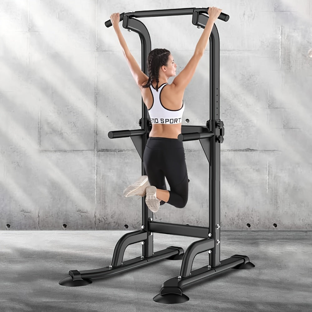 Power Tower Dip Station Pull Up Bar for Home Gym – 330lb Capacity, 10 Height Levels 65"-83", 6 Exercise Positions, H-Base with Suction Cups – Full Body Strength Training Equipment