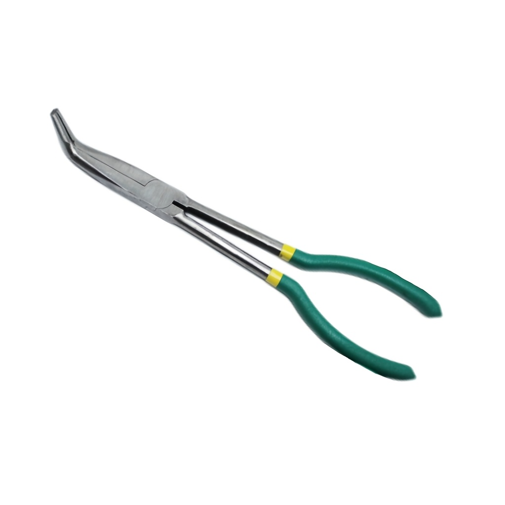 Long Nose Fishing Pliers 11 Inch 45-Degree Angle Bent Tip – O-Ring Hook Remover Needle Nose Pliers for Saltwater Freshwater Fishing, Non-Slip Handle, Lightweight Angler Tool, Orange & Green