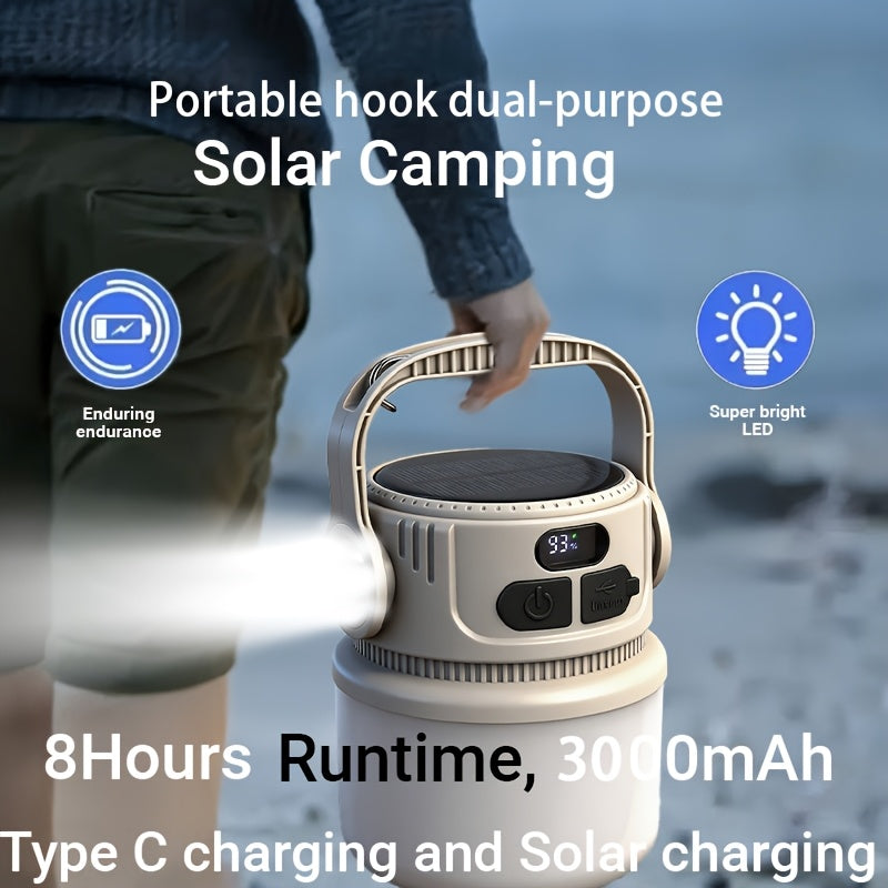 Solar LED Camping Light with Hook – 6 Modes, USB-C Rechargeable, 300LM, IPX4 Waterproof, Emergency Power Bank, Portable Tent Light for Camping, Hiking & Power Outages