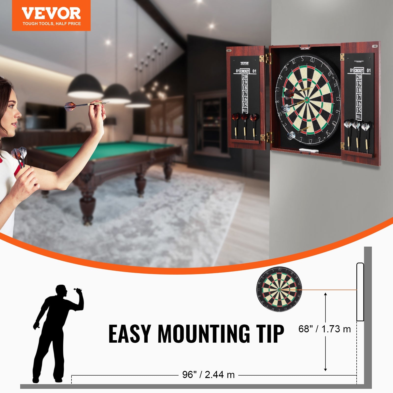 Dartboard Cabinet Set with Steel Tip Darts – 18 Inch Sisal Fiber Board, Retro Wood Cabinet, Scoreboard & Full Accessories Included