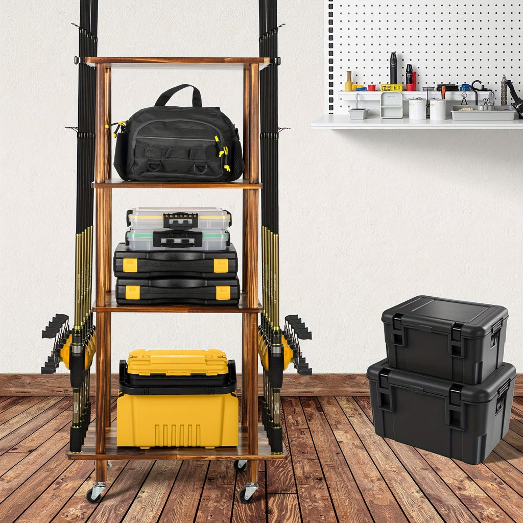 Rolling Storage Rack 3 & 4 Tier Cylindrical Mobile Organizer with Wheels - Freestanding Bathroom Kitchen Bedroom Shelf Tower for Small Spaces, Black & Natural, Space-Saving Vertical Storage Solution