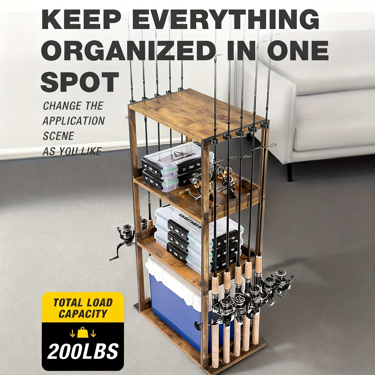 Wood Fishing Rod Holder for Garage Wall Mount – Holds Up to 10 Rods, Pole Rack with Tackle Storage Organizer, Fishing Gear Equipment Rack, Perfect Fishing Gifts for Men Dad