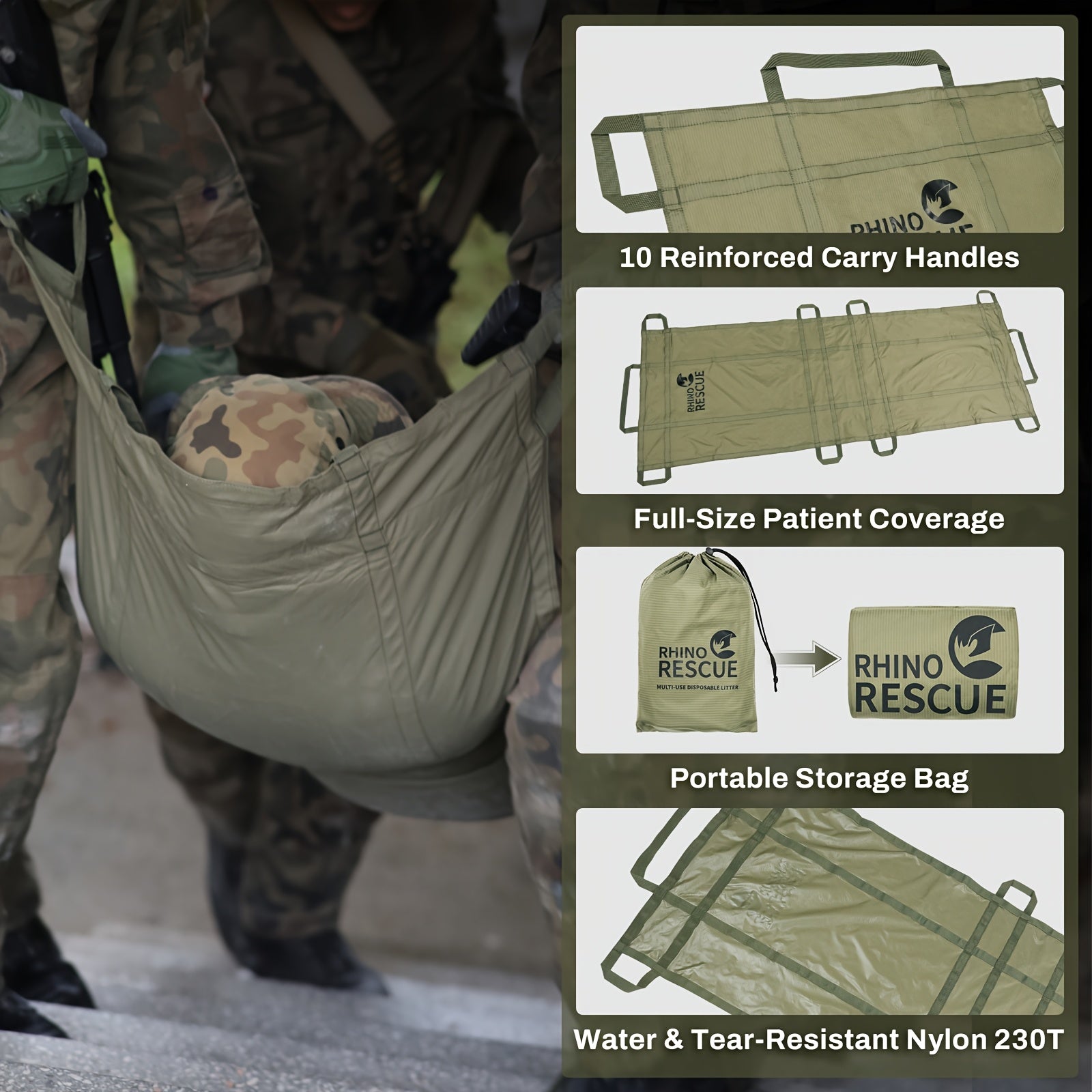 Emergency Stretcher Disposable 661LB Capacity – Portable Water-Resistant Rescue Litter with 10 Handles | 230T Nylon PA Stretcher for Mass Casualty, Disaster Response & IFAK Tactical Gear | 186×68cm