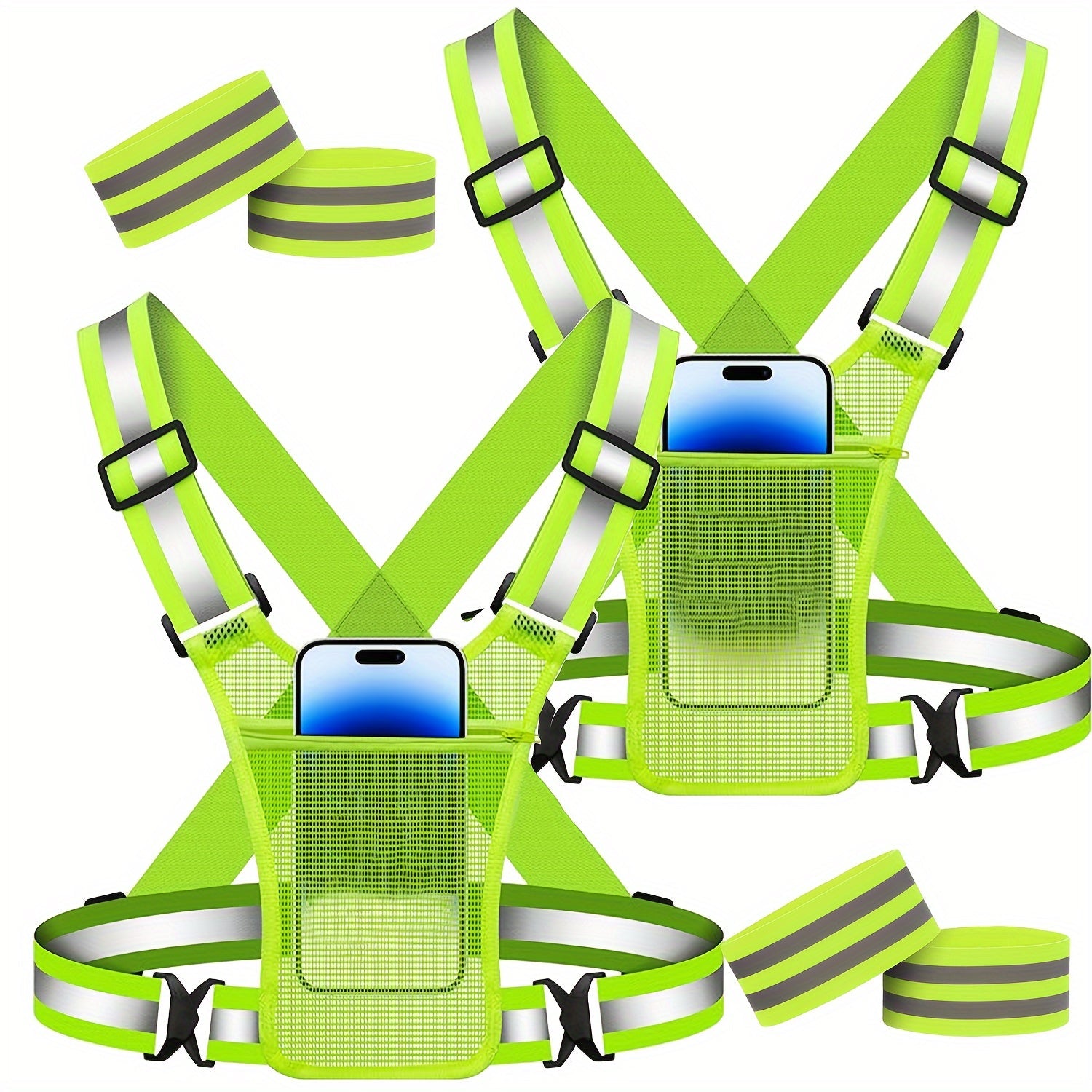 Reflective Running Vest with Phone Holder & Reflective Bracelets – Adjustable Safety Vest for Men Women, Dog Walking, Cycling, Night Running – 2 Pack