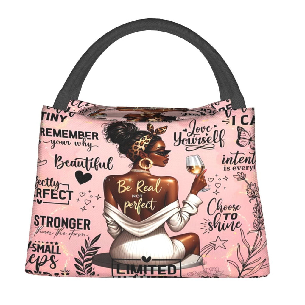 Insulated Lunch Bag with Black Girl Wine Tasting Pattern - Portable Reusable Cooler Bag for Camping, Picnic, Beach, Office & Outdoor Use, Perfect Birthday & Holiday Gift for Women, 10.6 x 6.3 x 6.7 in
