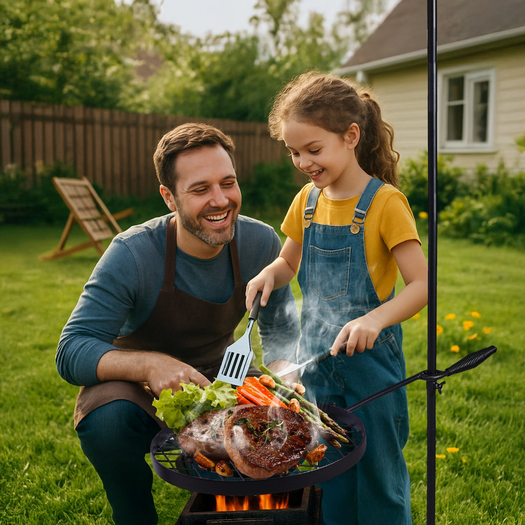 Campfire Grill Grate with Hanging Pole – Height Adjustable, 360° Rotation, 48" Thick Steel Pole, Swivel Grate Ring for Kettle, Dutch Oven & Pan – Portable Open Fire Cooking Grill for Camping & Outdoor