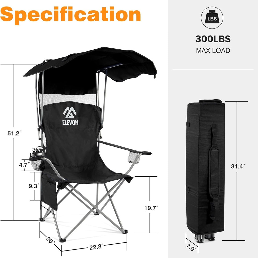 Folding Camping Chair with Sunshade Canopy, Heavy Duty Portable Outdoor Chair with Armrests Cup Holder & Carry Bag for Beach Fishing Picnic Sports