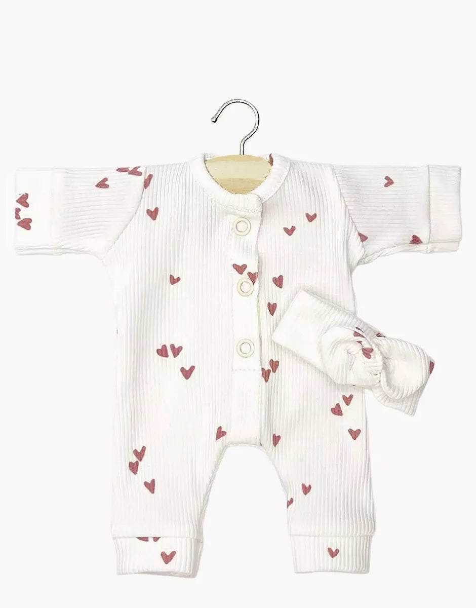 Minikane 11" Doll Clothing | Lili Jumpsuit & Headband in Ribbed Knit - Pink Hearts