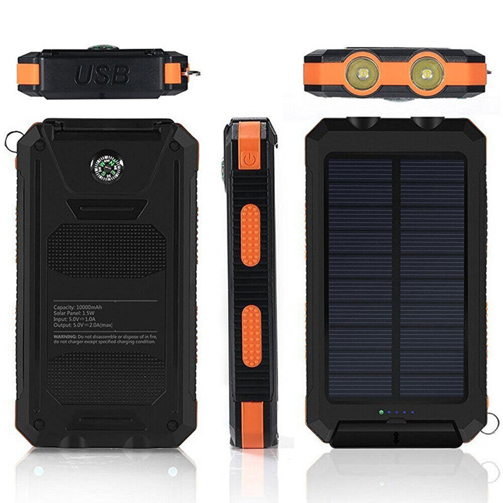 Solar Power Bank 10000mAh Waterproof Portable Charger with LED Light